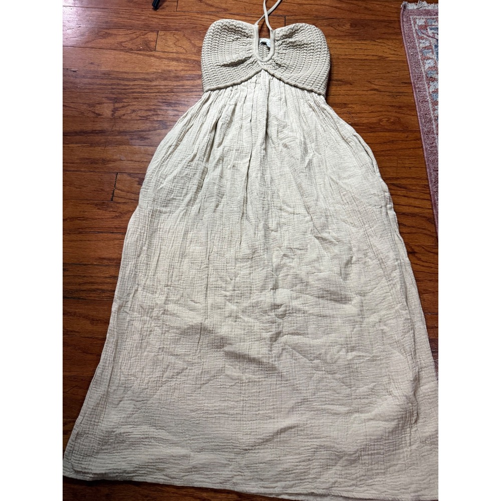 Miou Muse Beige Crochet Bodice Crinkle Gauze Halter Maxi Dress Womens Medium